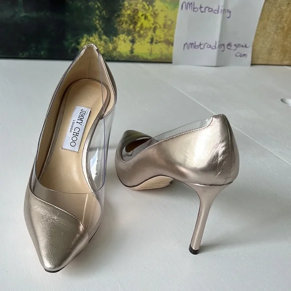 Jimmy Choo champagne color & plastic trim 8.5M(38.5) pointed toe classic pumps
